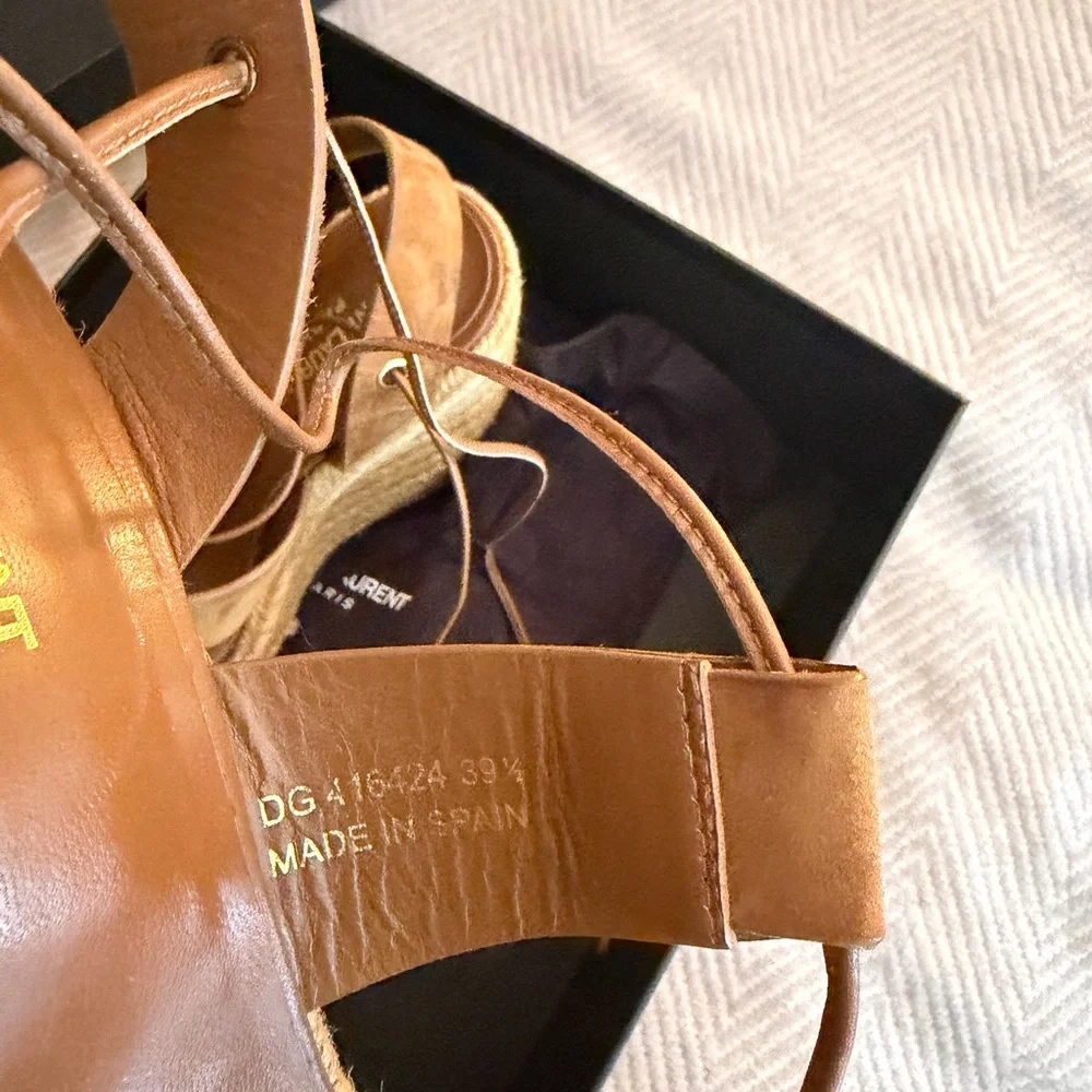 Saint Laurent Tan Suede Espadrille Wedge Sandals with Ankle Wraps